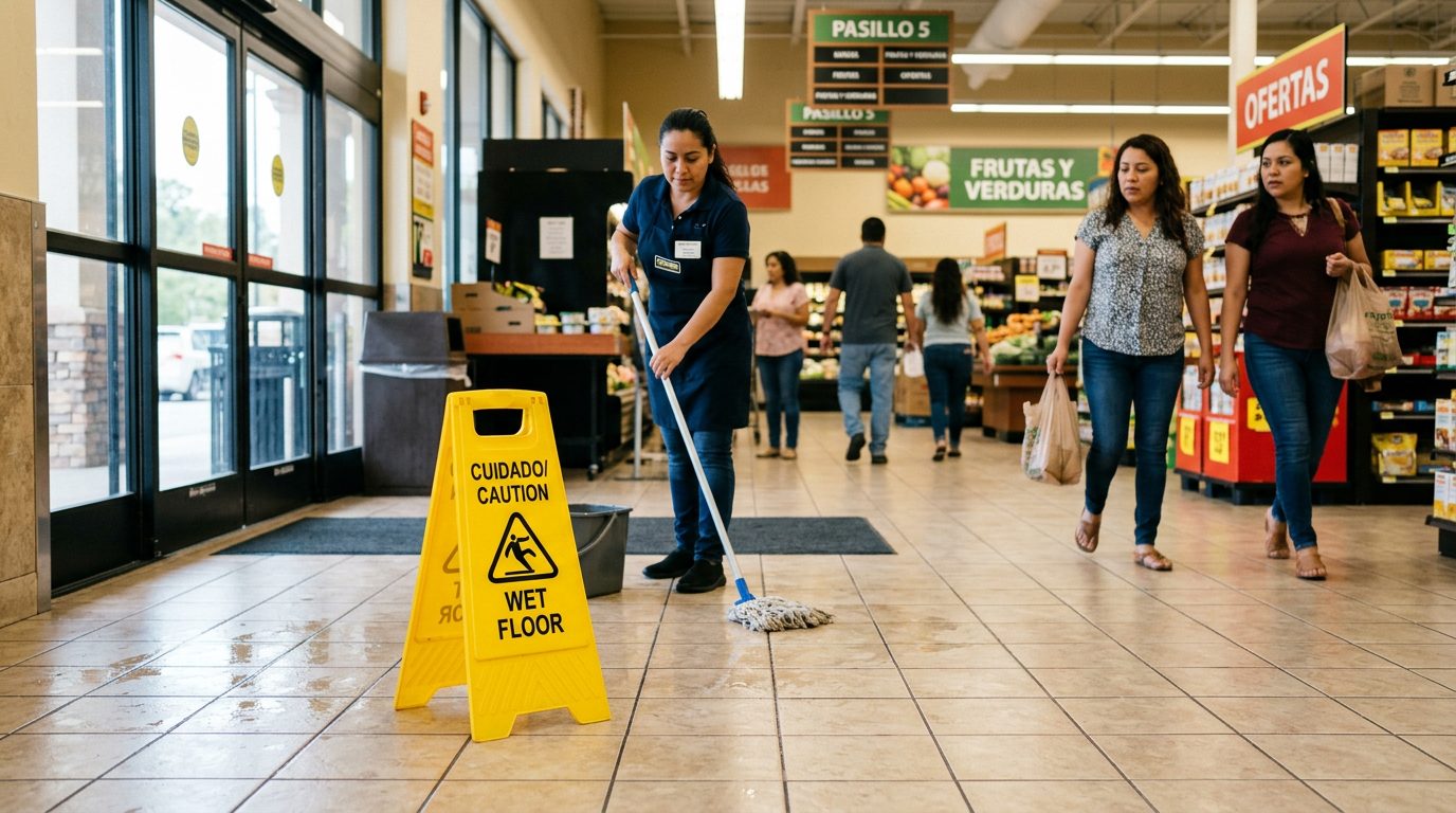 Piso mojado con señal de precaución en pasillo comercial.