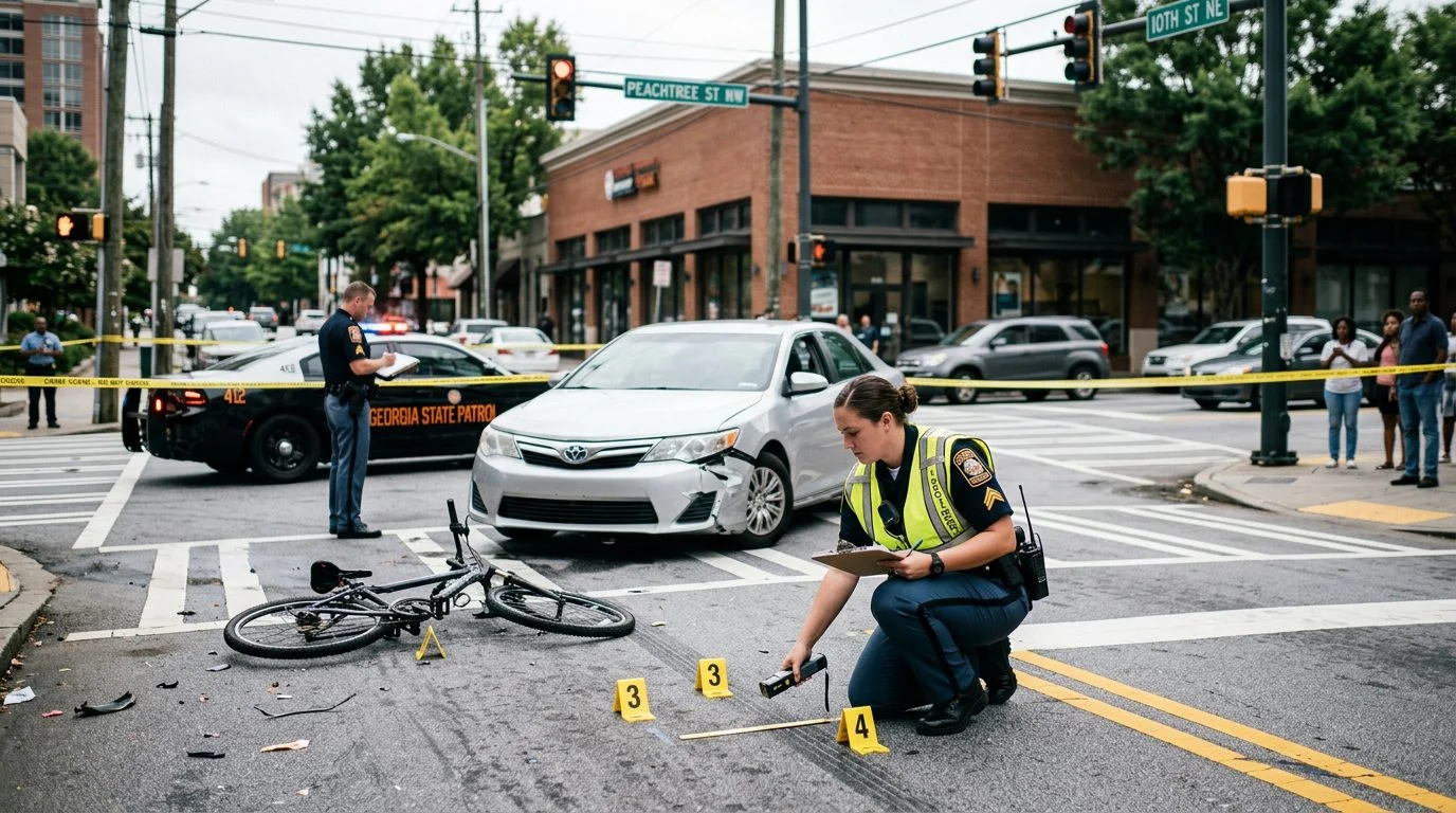 Police and investigators document a crash scene at a city intersection, with a damaged vehicle and traffic cones.