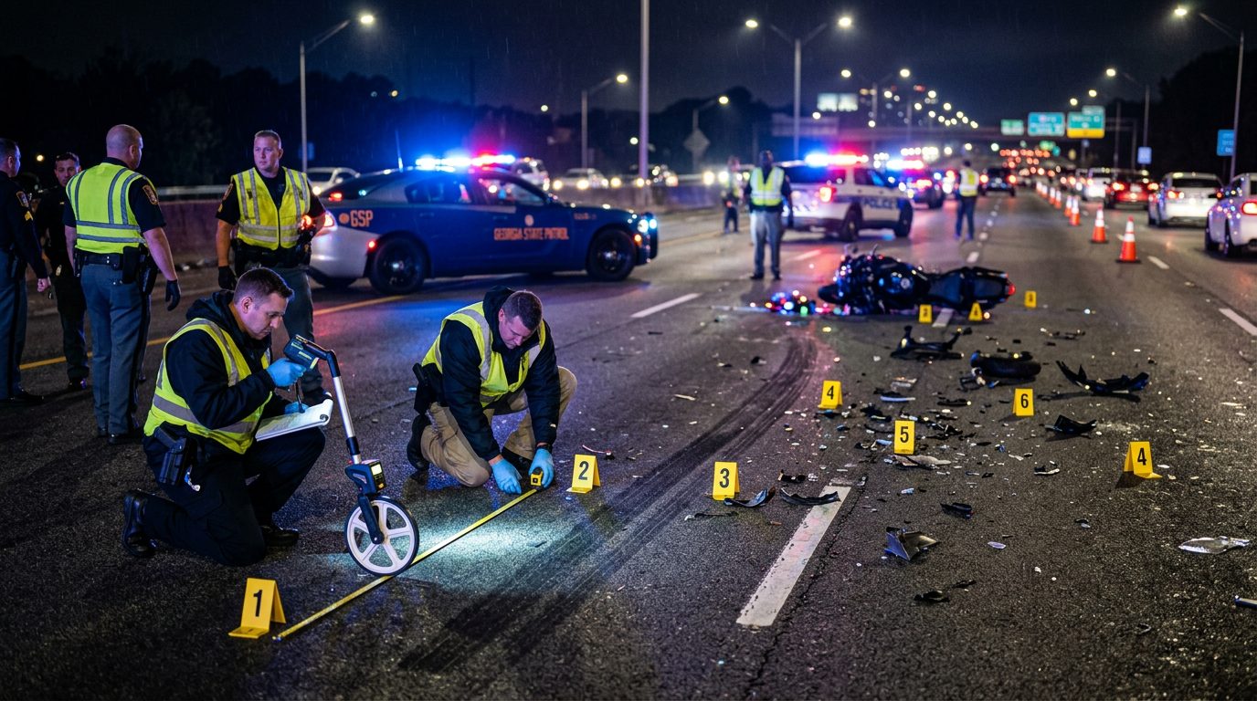 Police investigate nighttime motorcycle accident on multi-lane road with evidence markers and skid mark measurements.