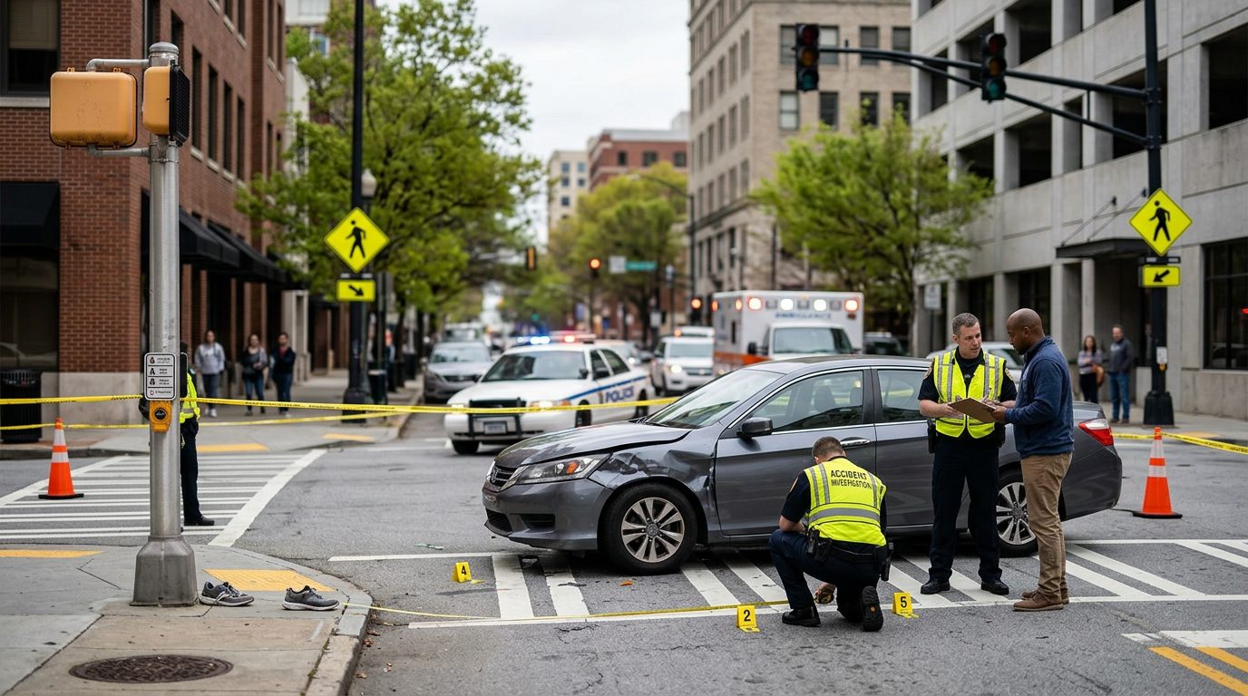 Police officers and a damaged car sit at an urban intersection while investigators document a pedestrian collision scene.