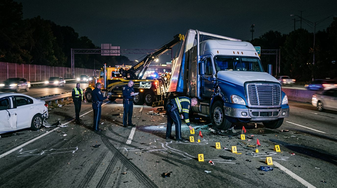 Police officers and a tow crew work at night around a wrecked commercial truck on a highway, with evidence markers on the roadway.