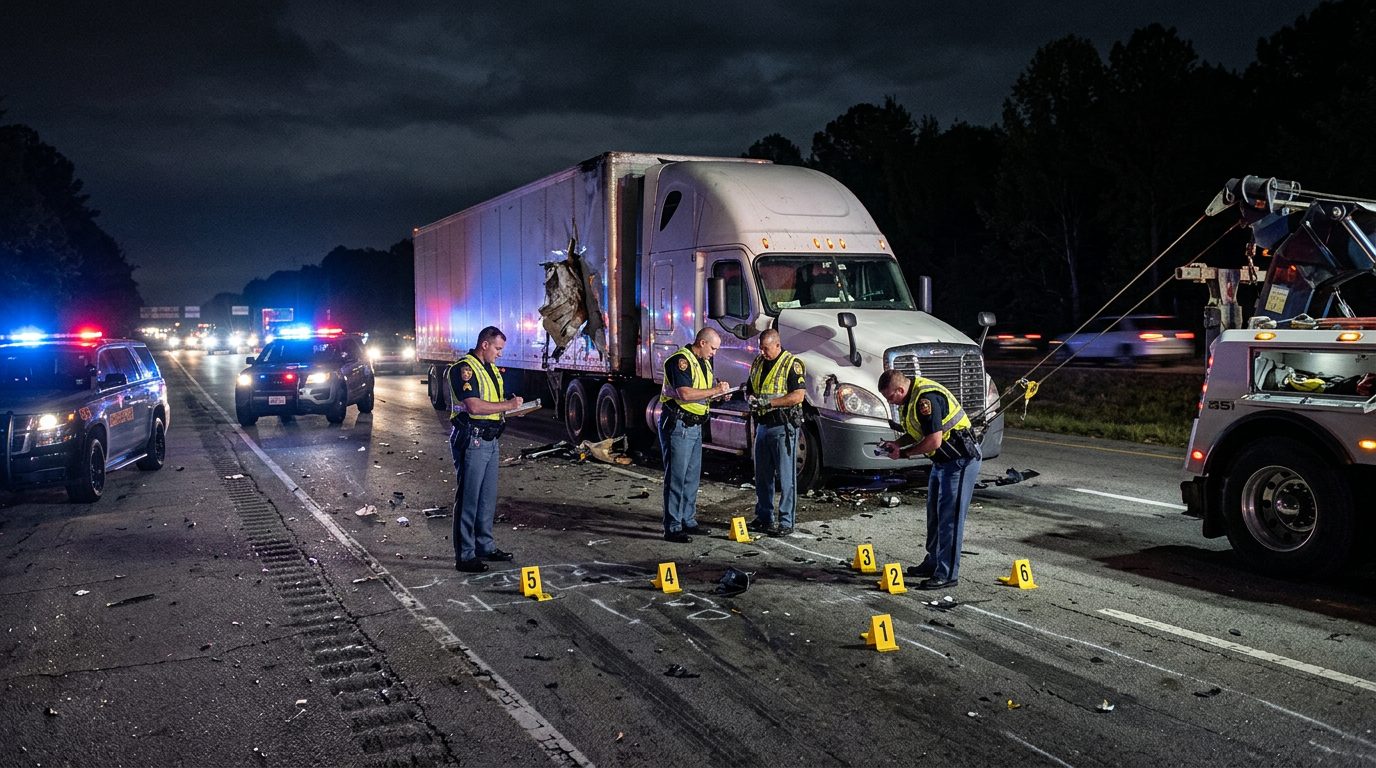 Policías y marcadores de evidencia rodean un camión comercial accidentado en una autopista de noche.