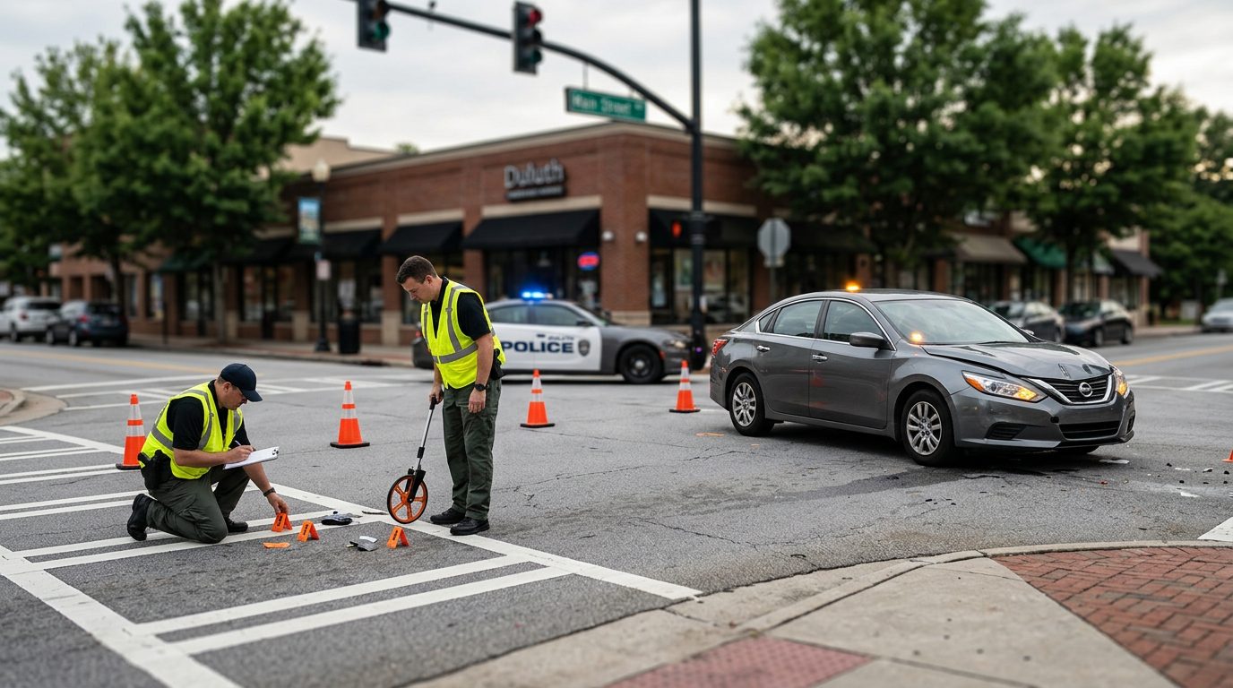 Agentes de policía y investigadores documentan un accidente con un peatón en una intersección urbana, junto a un vehículo dañado y conos de tráfico.