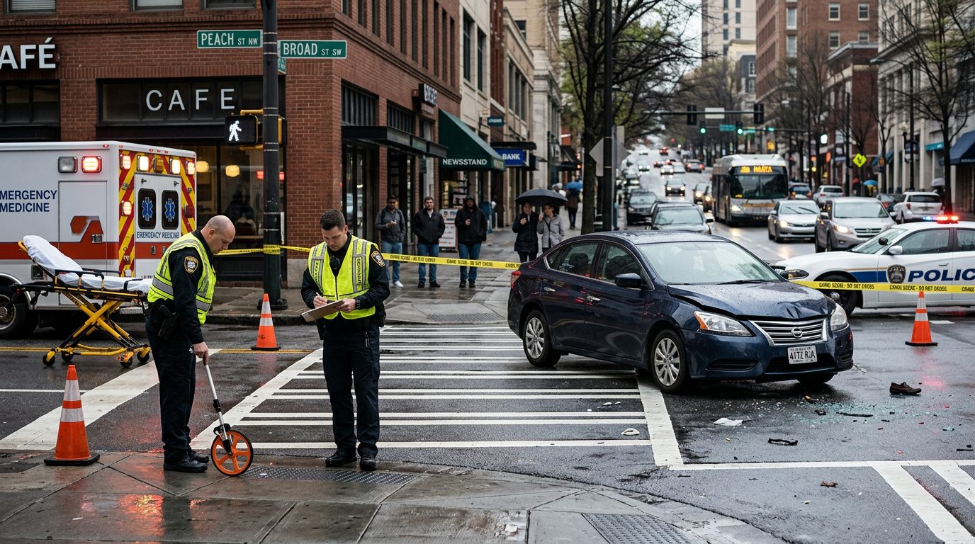 Police officers and investigators document a pedestrian collision at a city intersection, with a damaged vehicle and traffic cones nearby.