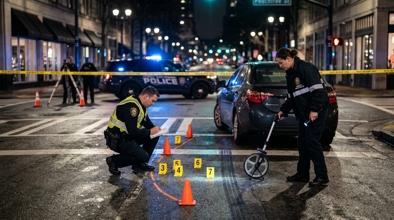 Police officers and investigators mark evidence and measure skid marks on a city street at night.