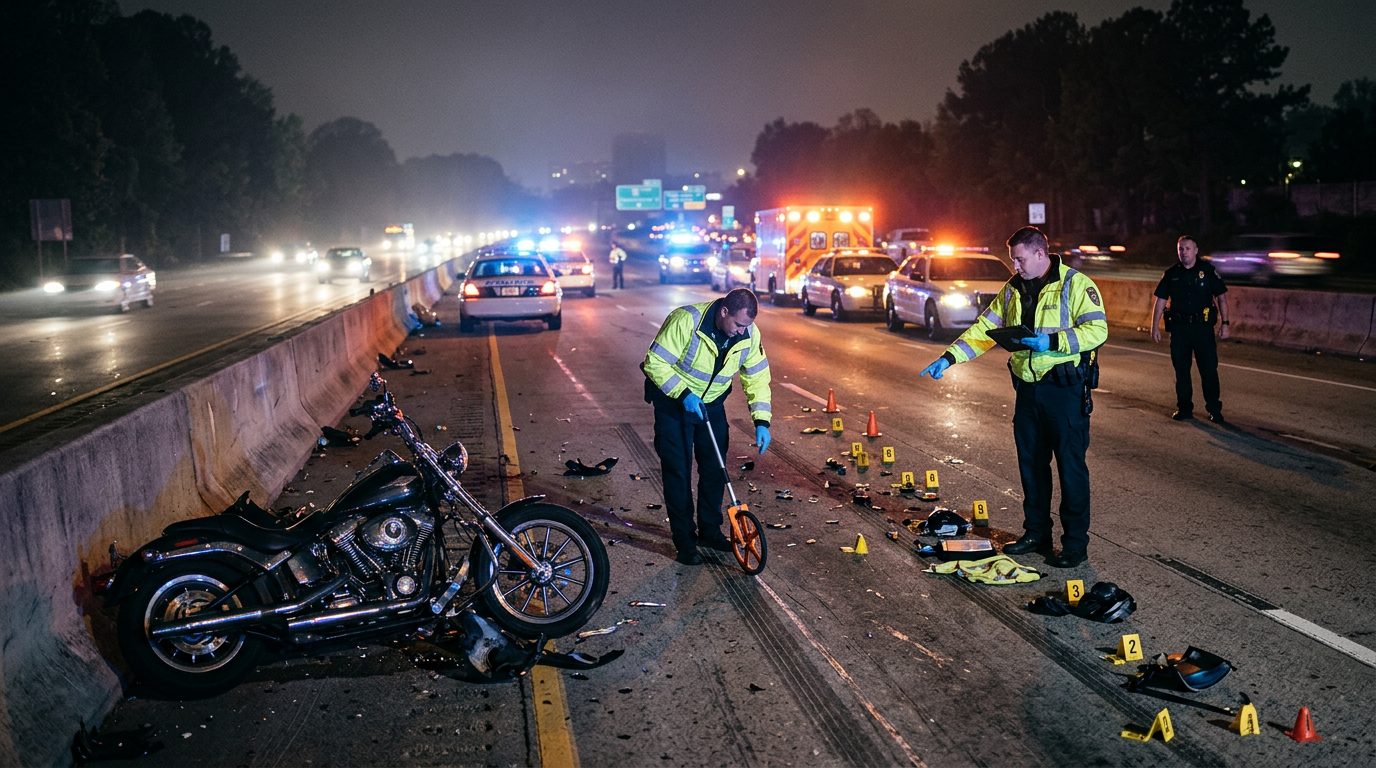 Police officers and investigators mark evidence and measure skid marks on a nighttime multi-lane road after a motorcycle crash.