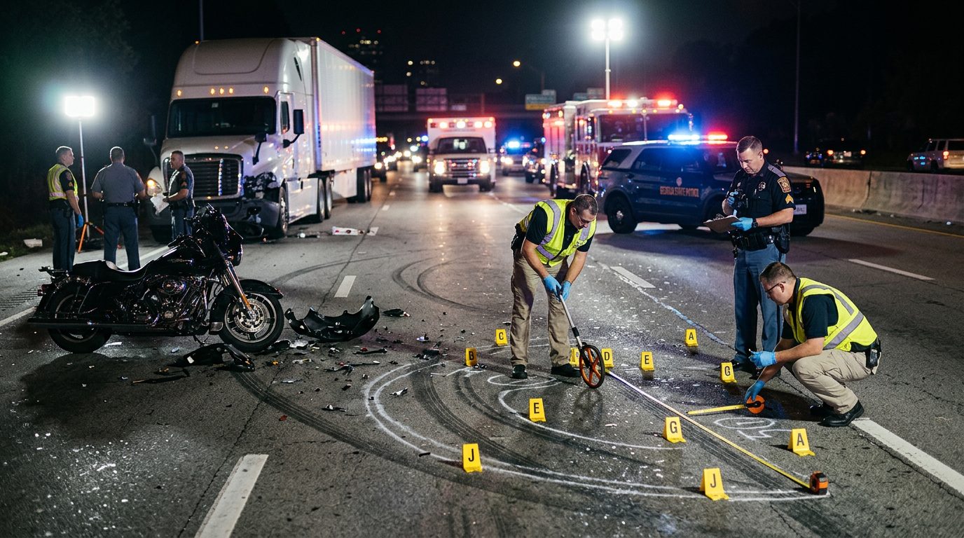 Police officers and investigators measure skid marks and debris on a nighttime multi-lane road after a motorcycle accident.