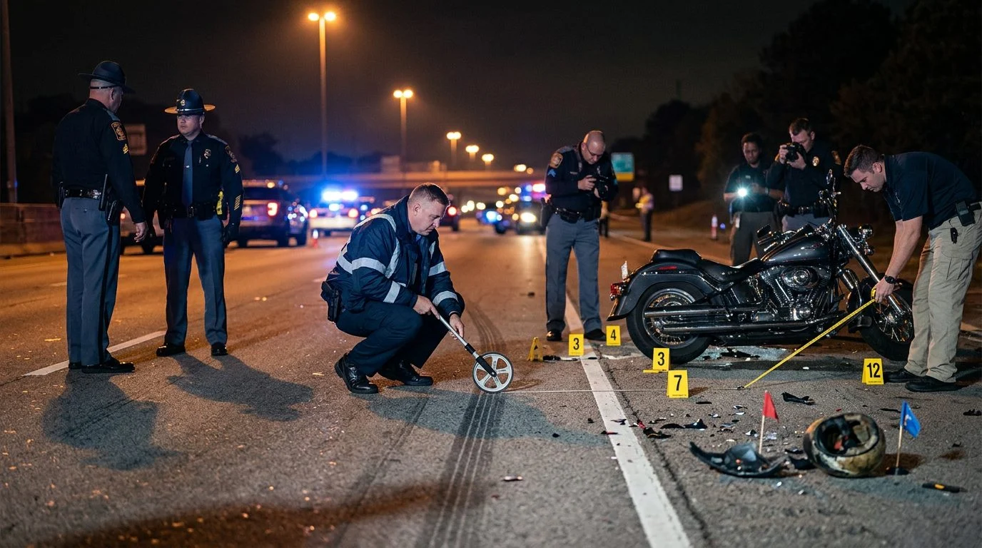 Agentes de policía miden marcas de frenado y escombros en una carretera nocturna de varios carriles tras un accidente de moto.