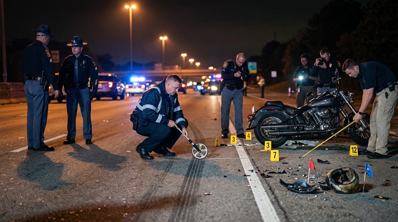 Police officers and investigators measure skid marks and debris on a nighttime multi-lane road after a motorcycle crash.