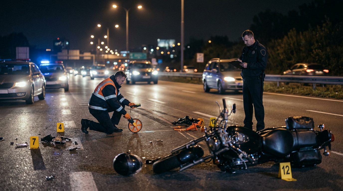 Police officers and investigators measure skid marks and debris with evidence markers on a nighttime multi-lane road.