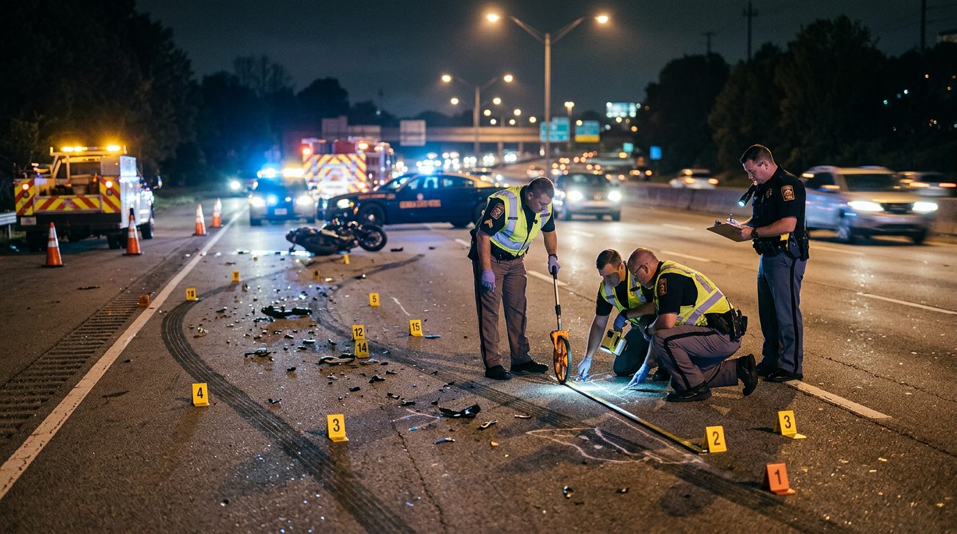 Agentes de policía marcan evidencias y miden marcas de frenado en una carretera oscura y de varios carriles por la noche.