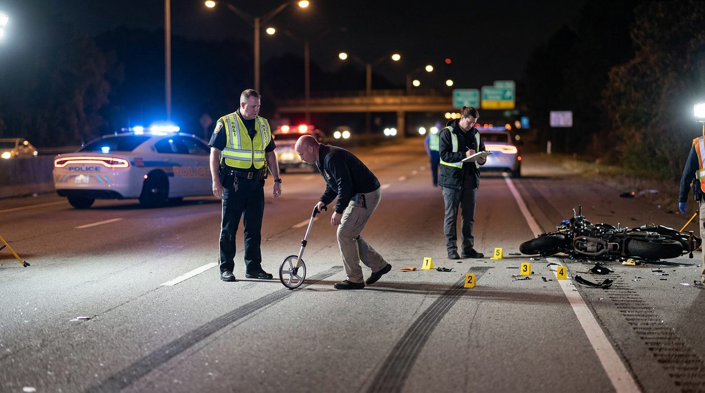 Police officers and investigators place evidence markers and measure skid marks on a multi-lane road at night.
