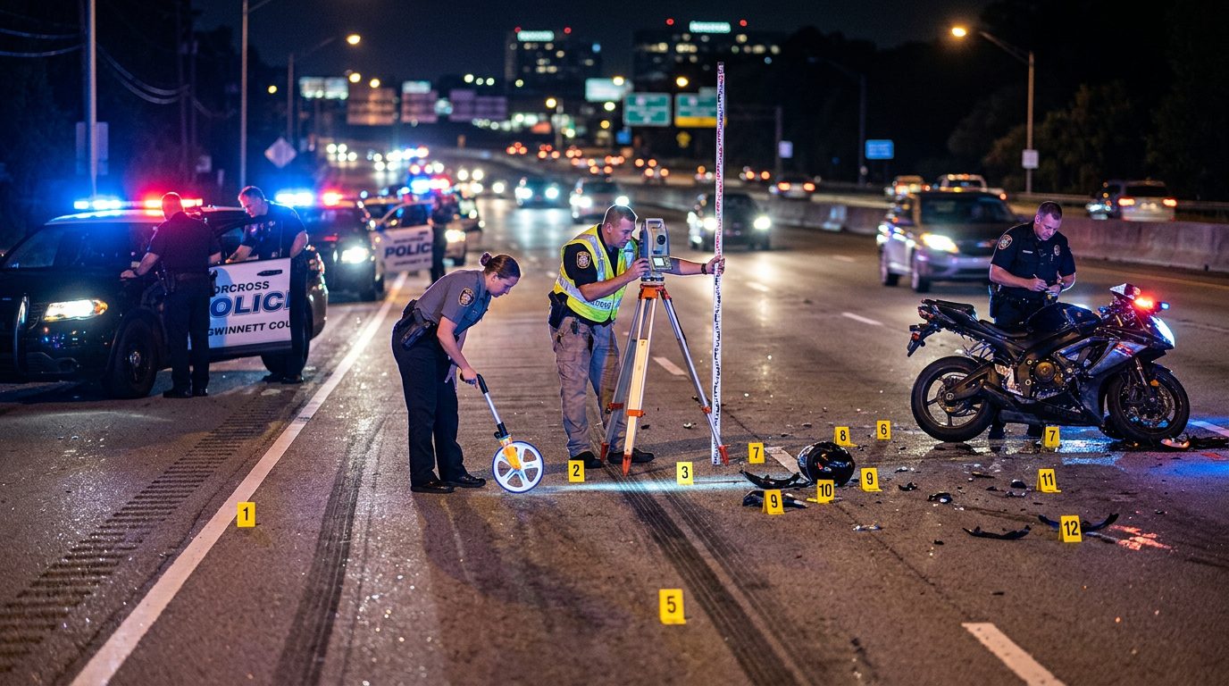Police officers and specialists investigate a nighttime motorcycle accident scene with evidence markers and skid measurements.