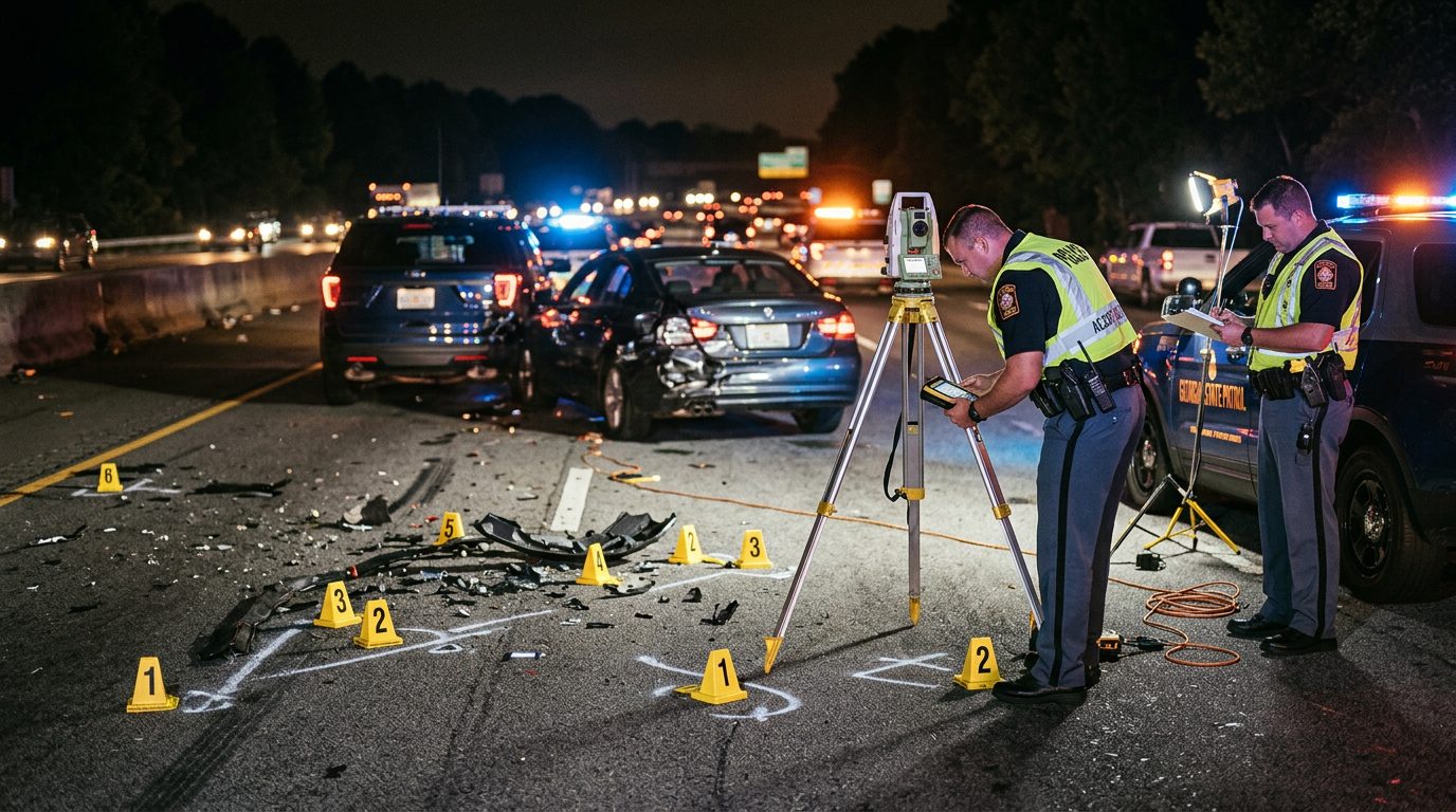 Agentes de policía examinan de noche un accidente en la autopista, marcando restos de vehículos como evidencia.