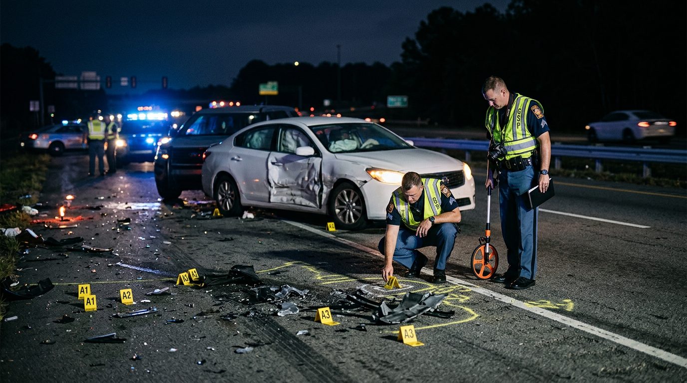 Police officers at night investigate a highway crash, placing evidence markers near vehicle debris and reconstruction equipment.