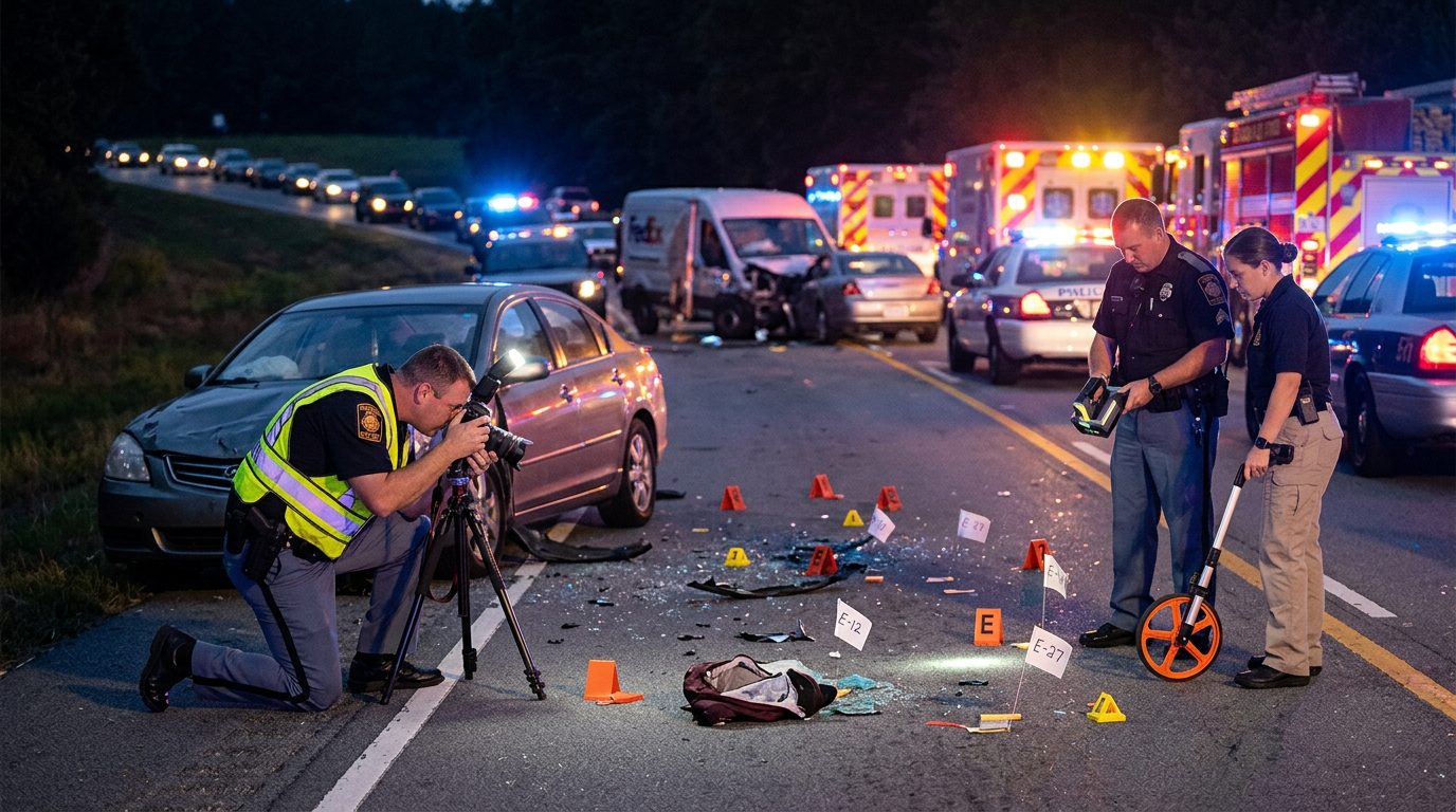 Police officers at night survey a highway crash scene, marking vehicle debris with evidence markers and reconstruction equipment.