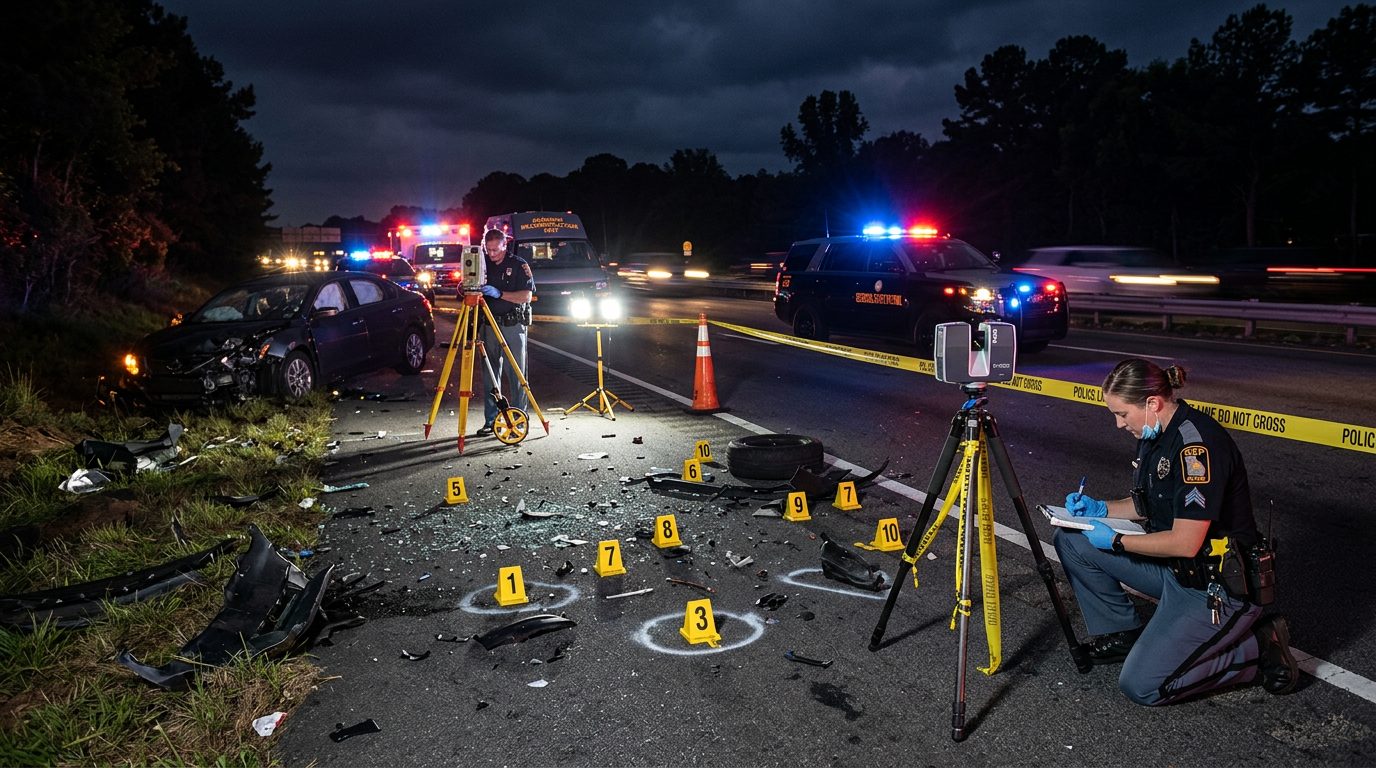 Police officers investigate a nighttime highway accident with reconstruction equipment and marked vehicle debris.