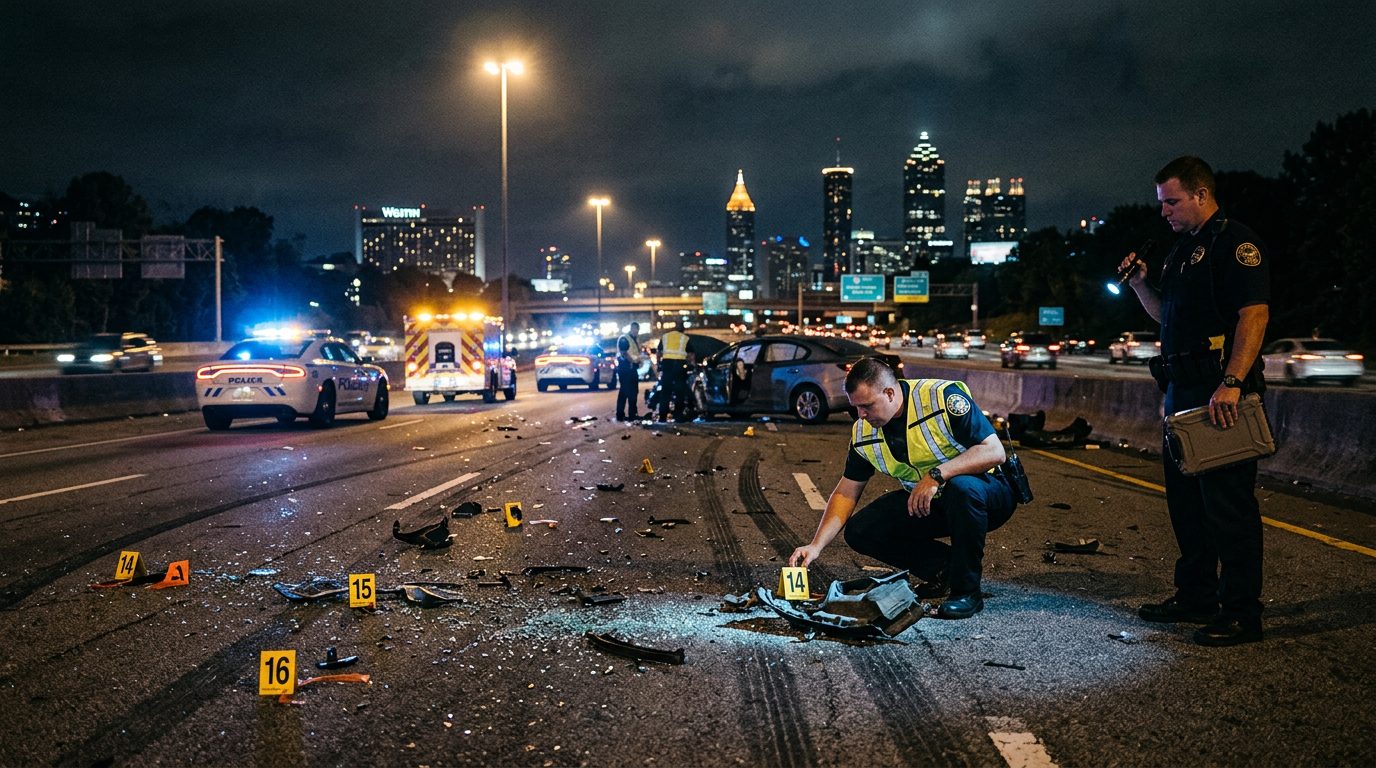 Agentes de policía examinan de noche un accidente en la autopista y marcan los restos de vehículos como evidencia.