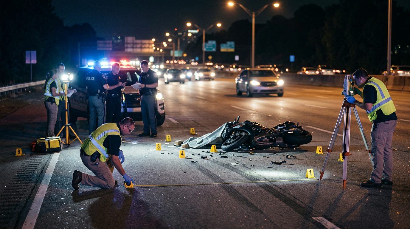Police officers investigate a nighttime motorcycle accident scene with evidence markers and skid mark measurements.