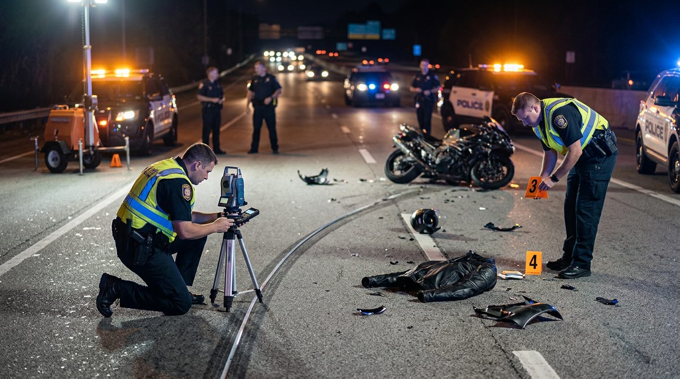 Police officers place evidence markers and measure skid marks on a nighttime multi-lane road after a motorcycle crash.