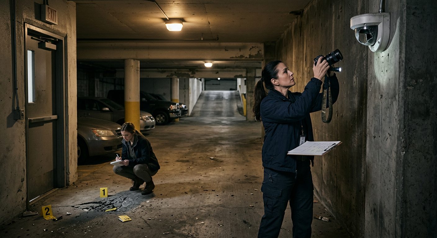 Poorly lit parking garage with evidence markers documenting inadequate lighting and broken security camera.
