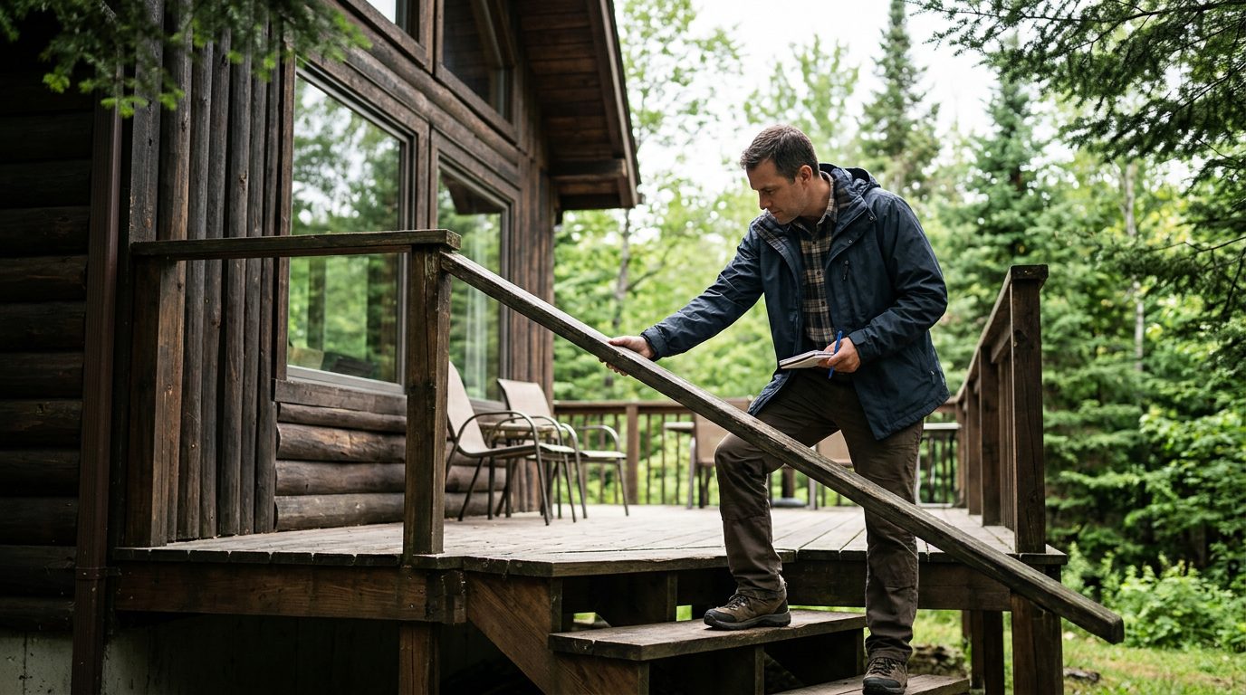 Property inspector examining a loose railing on the wooden deck and stairs of a vacation rental cabin.
