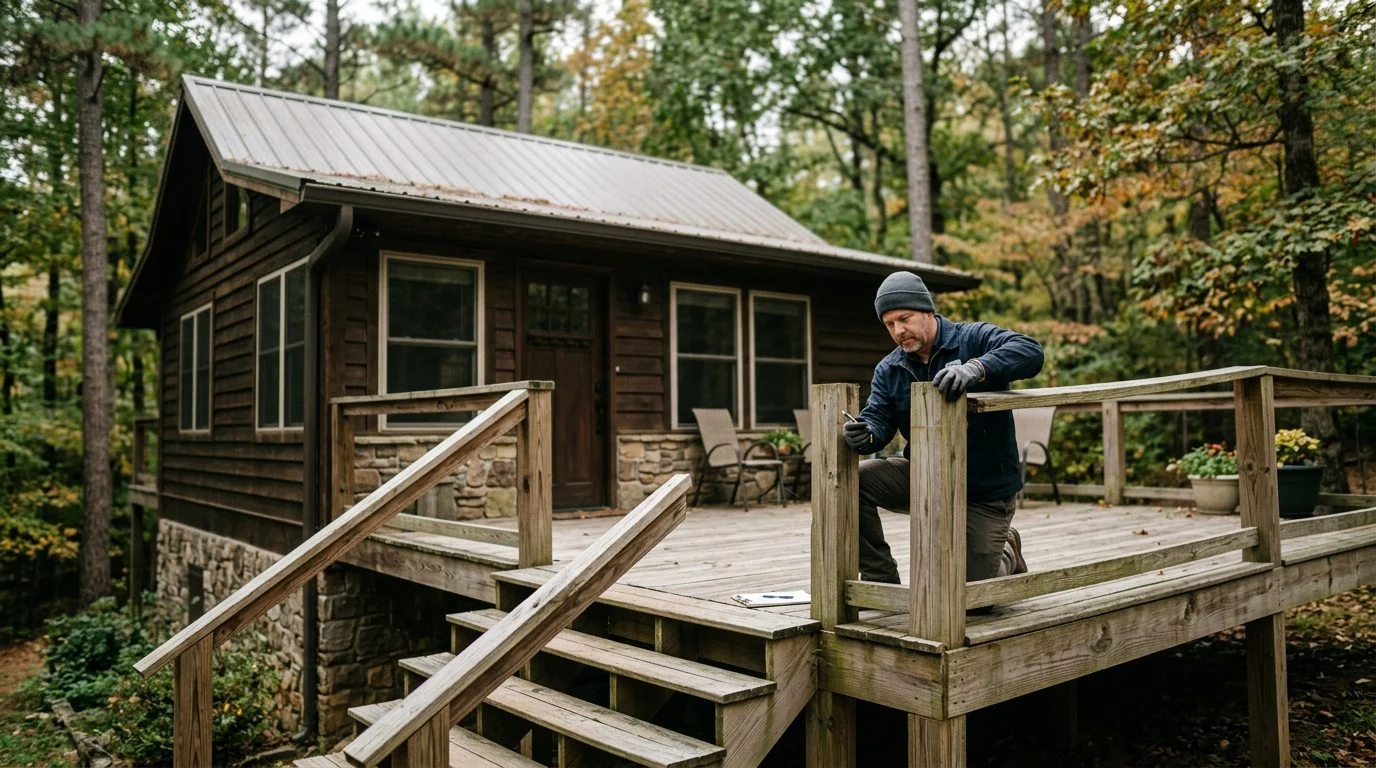 Property inspector examining a loose railing on the wooden deck and stairs of a vacation rental cabin