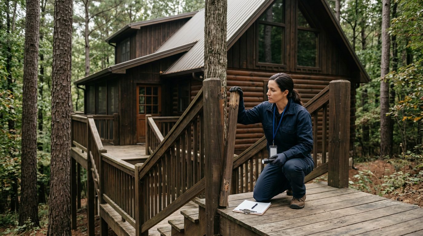 Property inspector examining a loose railing on the wooden deck and stairs of a vacation rental cabin.