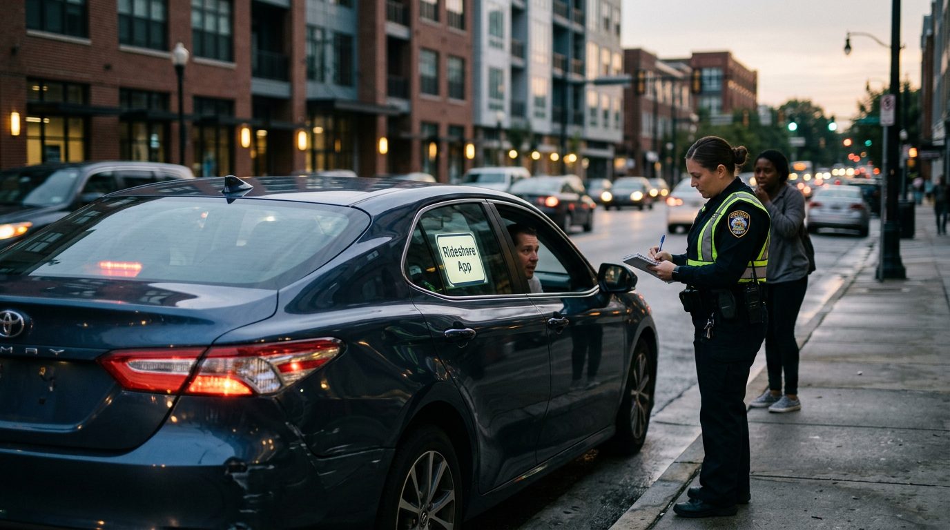 Rideshare car stopped at a city curb at dusk as a police officer takes notes beside it.