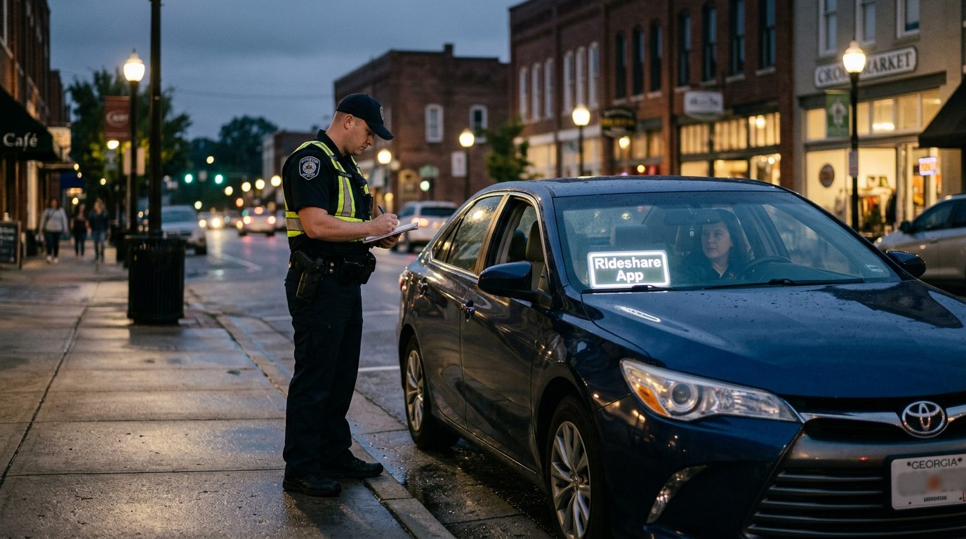 Rideshare car stopped at a city curb at dusk as a police officer takes notes beside it.
