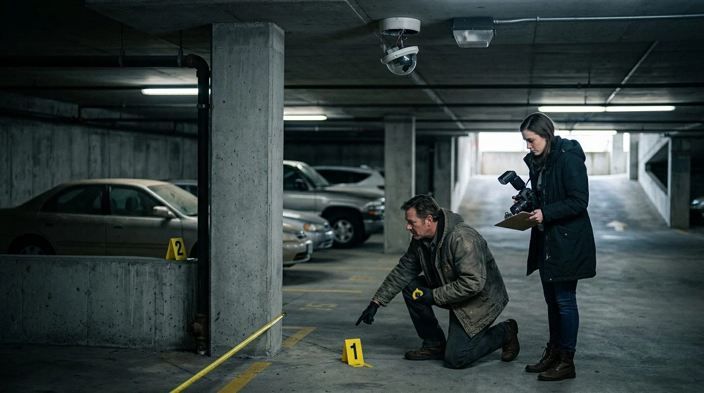 Investigadores de seguridad documentan cámaras rotas, mala iluminación y marcadores de evidencia en un estacionamiento poco iluminado.