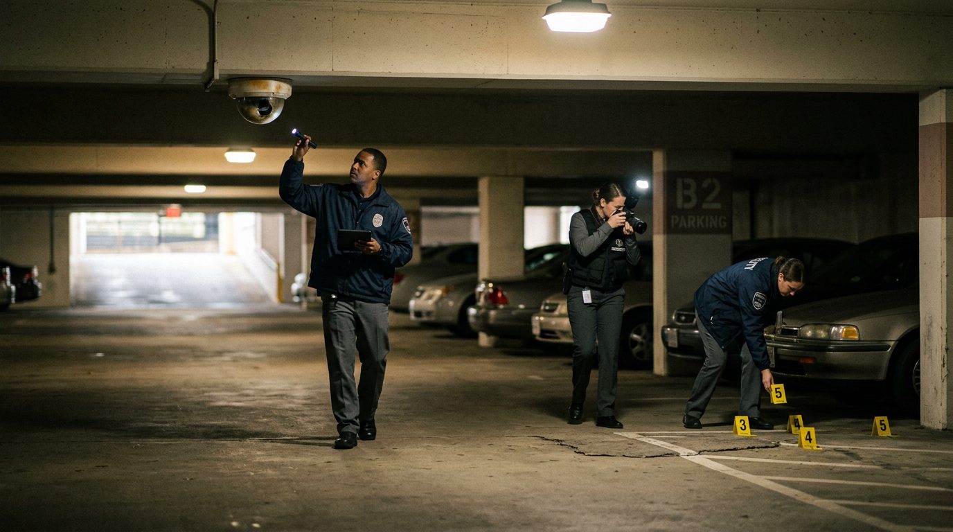 Security investigators document inadequate lighting and broken cameras in hotel parking garage.