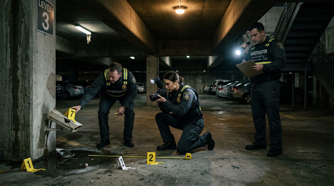 Security investigators document inadequate lighting and broken cameras in parking garage for premises liability evidence.