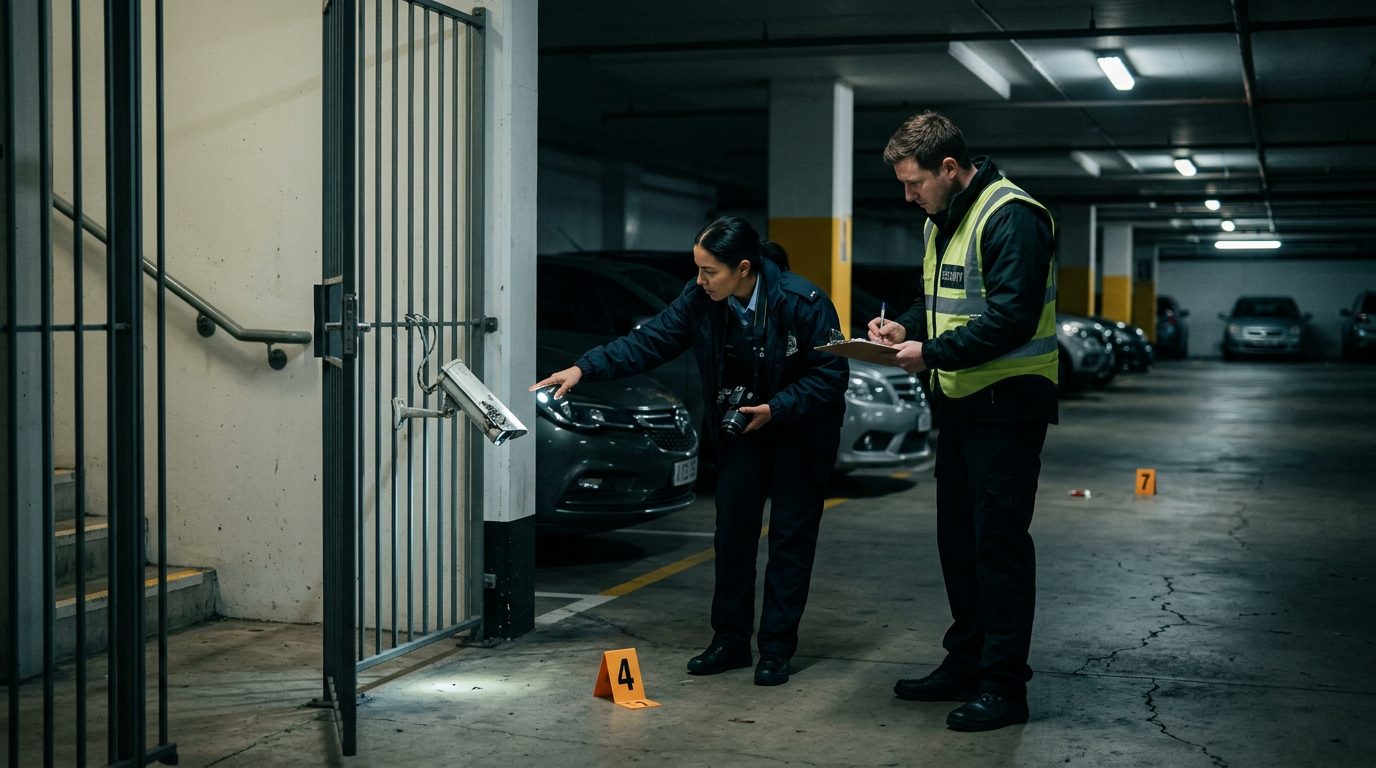 Security investigators document poor lighting, a broken camera housing, and evidence markers in a dim parking garage.