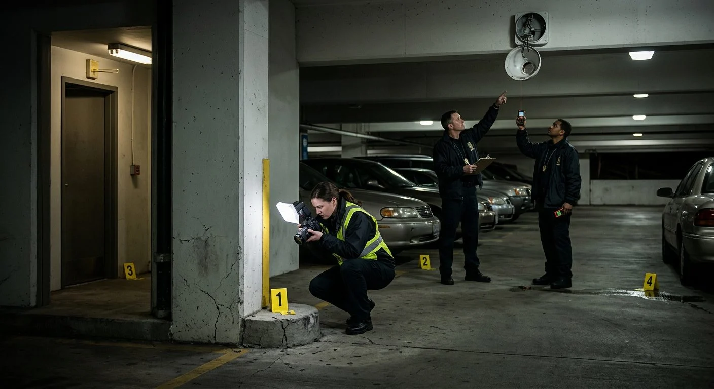 Security investigators document poor lighting and broken cameras in parking garage for liability evidence.