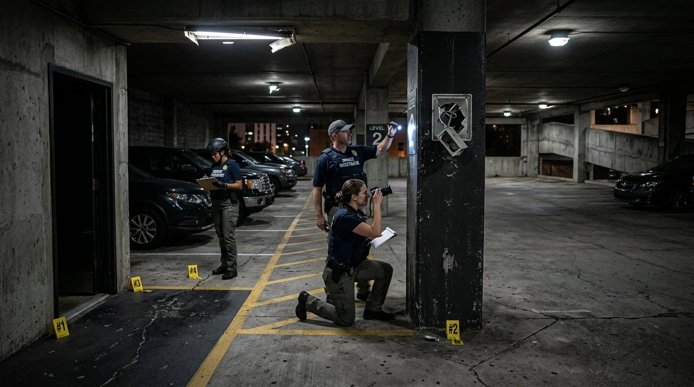 Security investigators document poor lighting and broken cameras in parking garage for premises liability evidence.