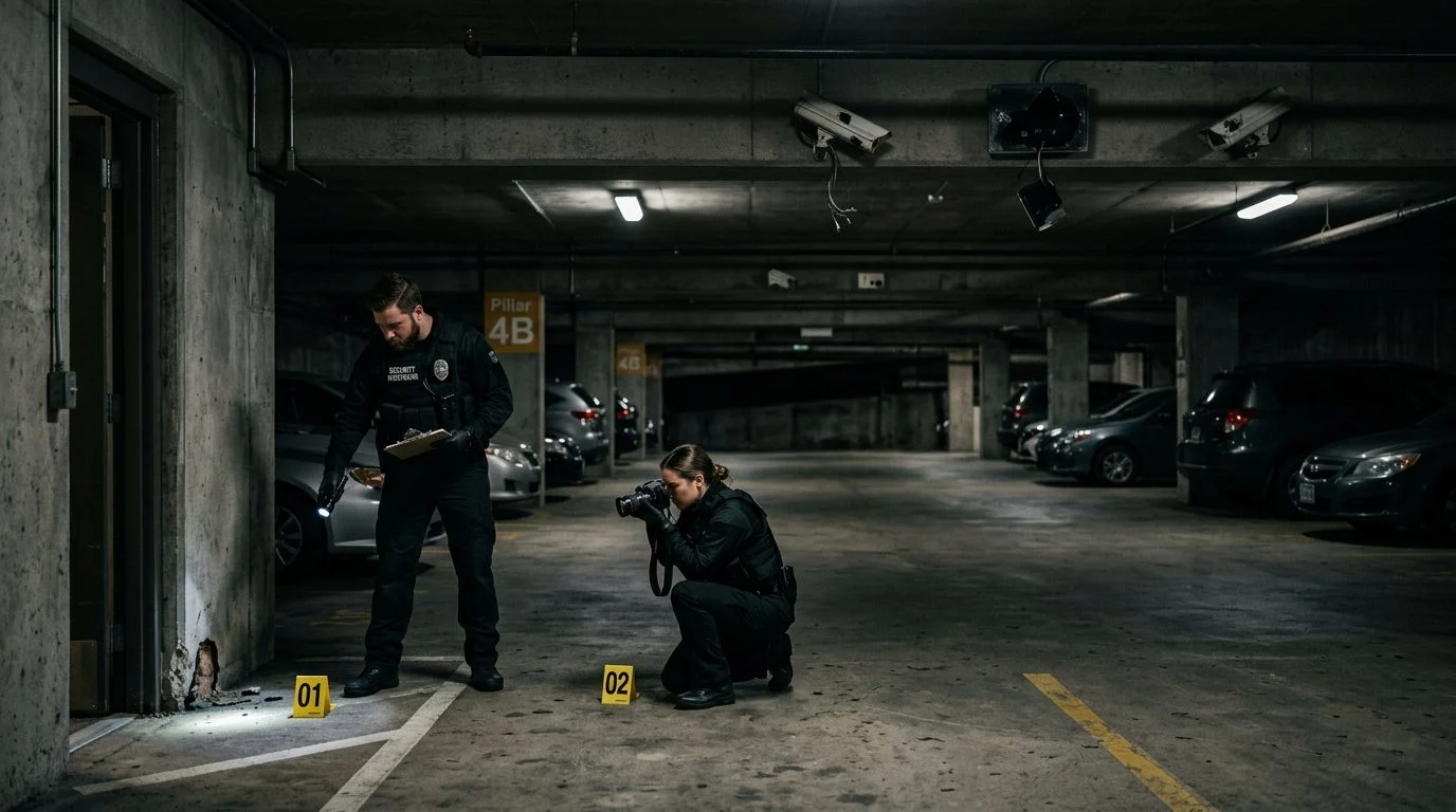 Security investigators document poor lighting and broken cameras in parking garage for premises liability evidence.