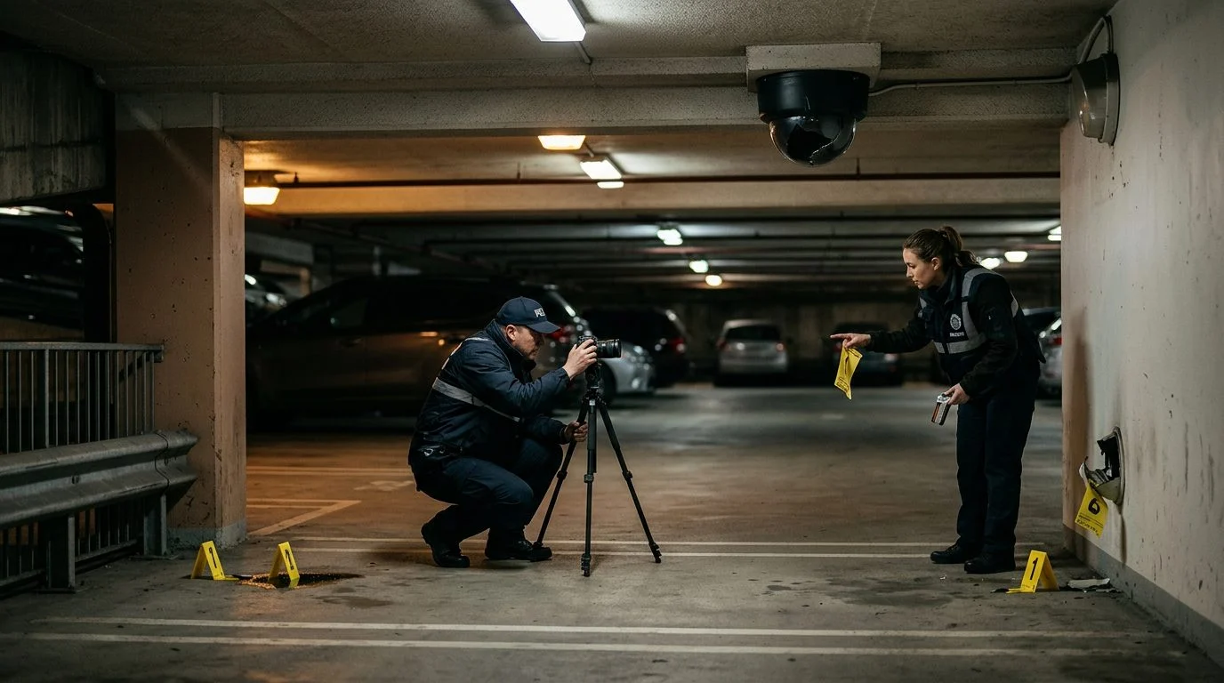 Security investigators document poor lighting and broken cameras in parking garage for liability evidence.