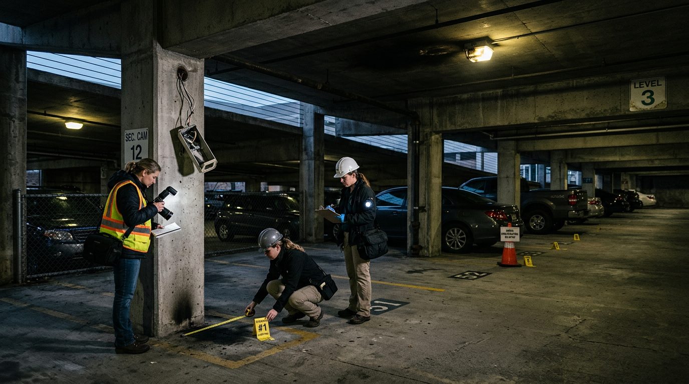 Security investigators document poor lighting and broken cameras in parking garage for premises liability evidence.