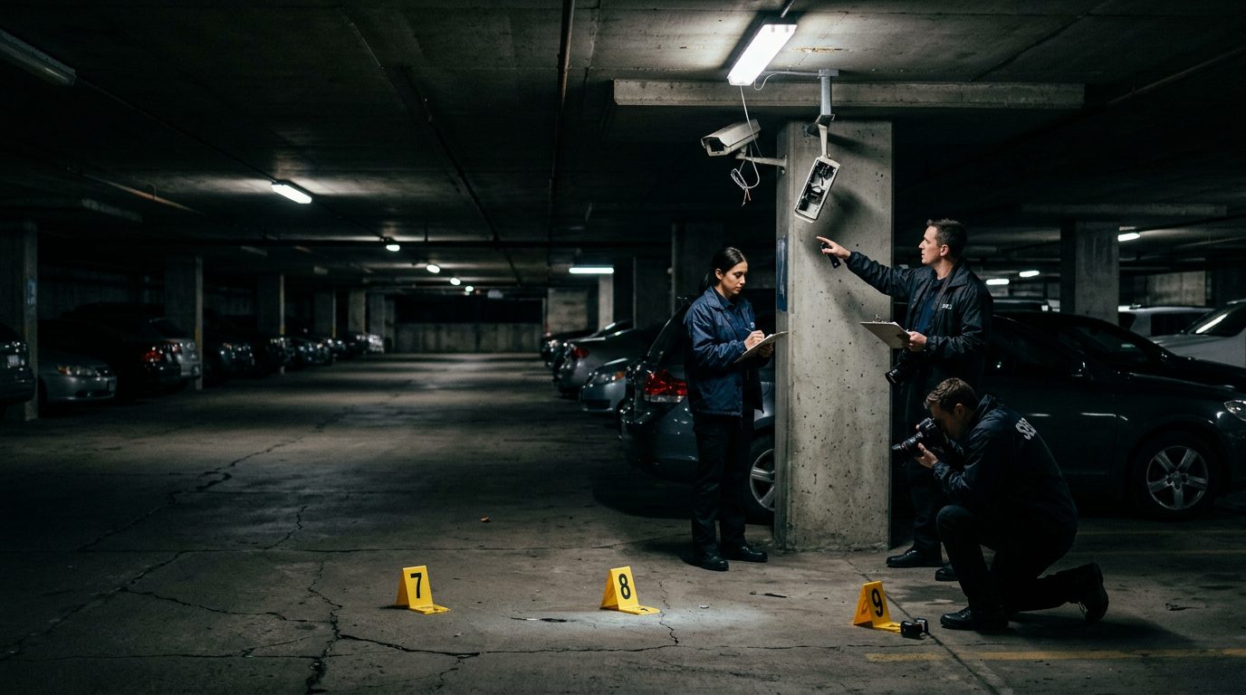 Security investigators document poor lighting and broken cameras in parking garage for liability case.