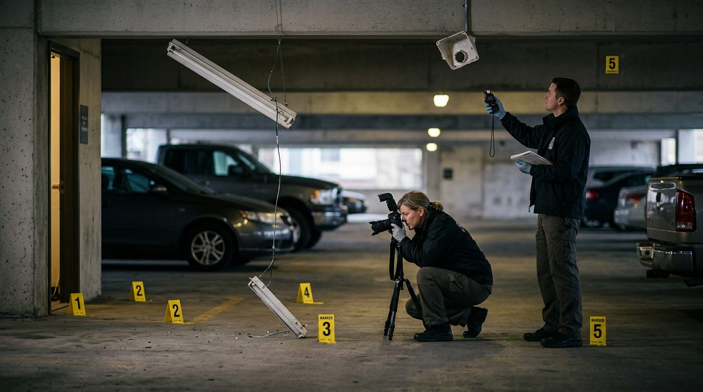 Security investigators document poor lighting, broken camera housings, and evidence markers in a dim parking garage.