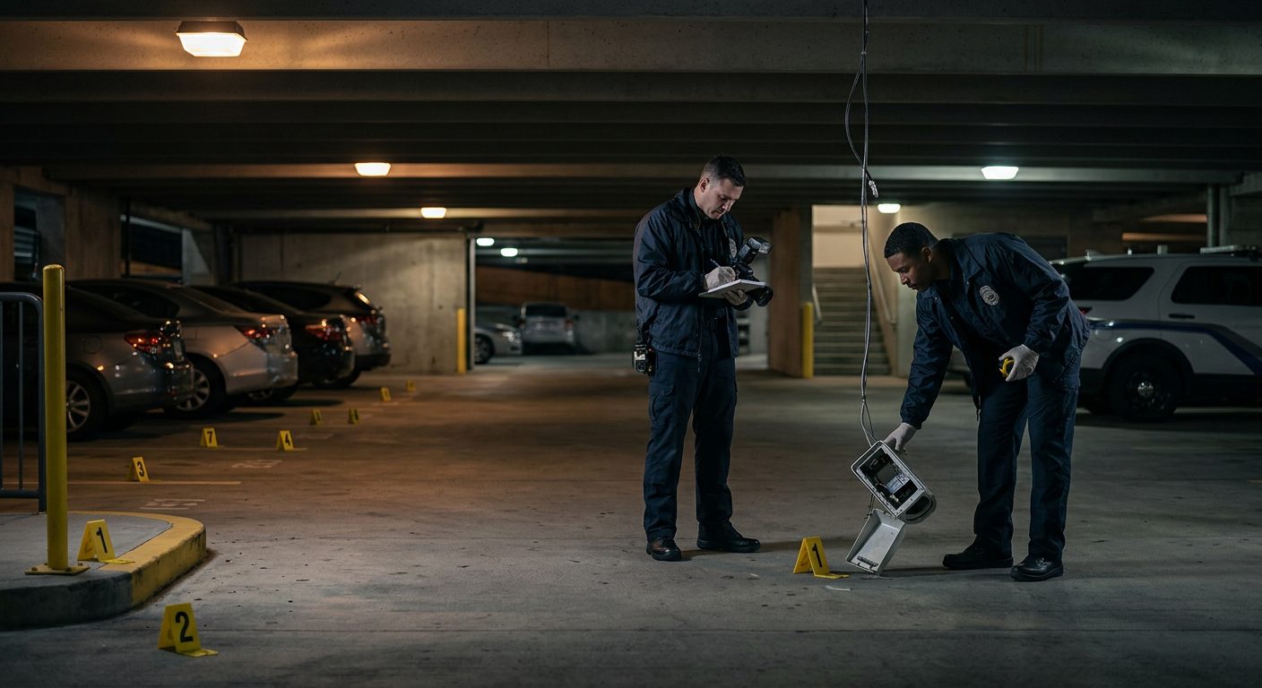 Security investigators document unsafe parking garage conditions with evidence markers and broken cameras.