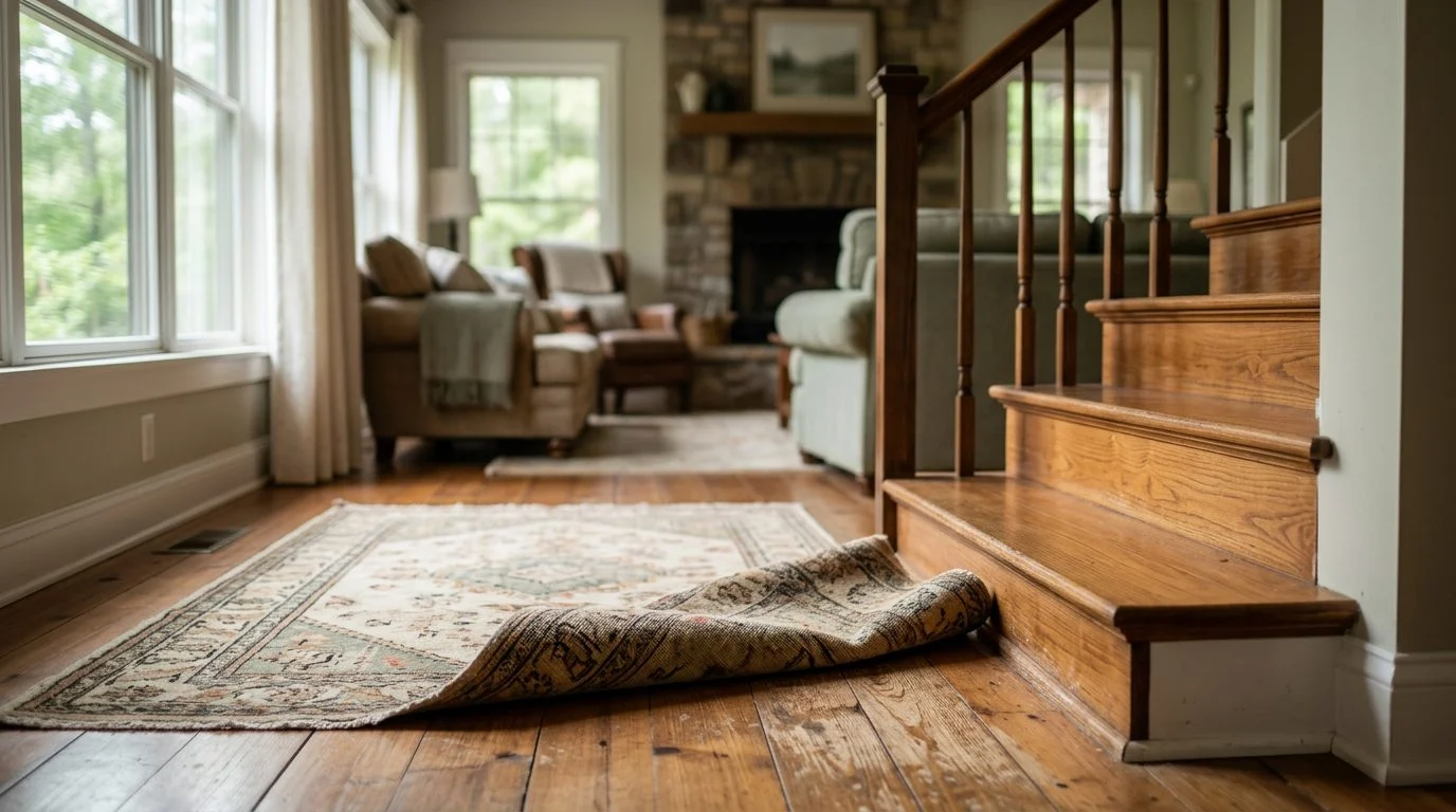 Sunlit interior of an empty Georgia vacation rental with a wooden staircase and hallway.