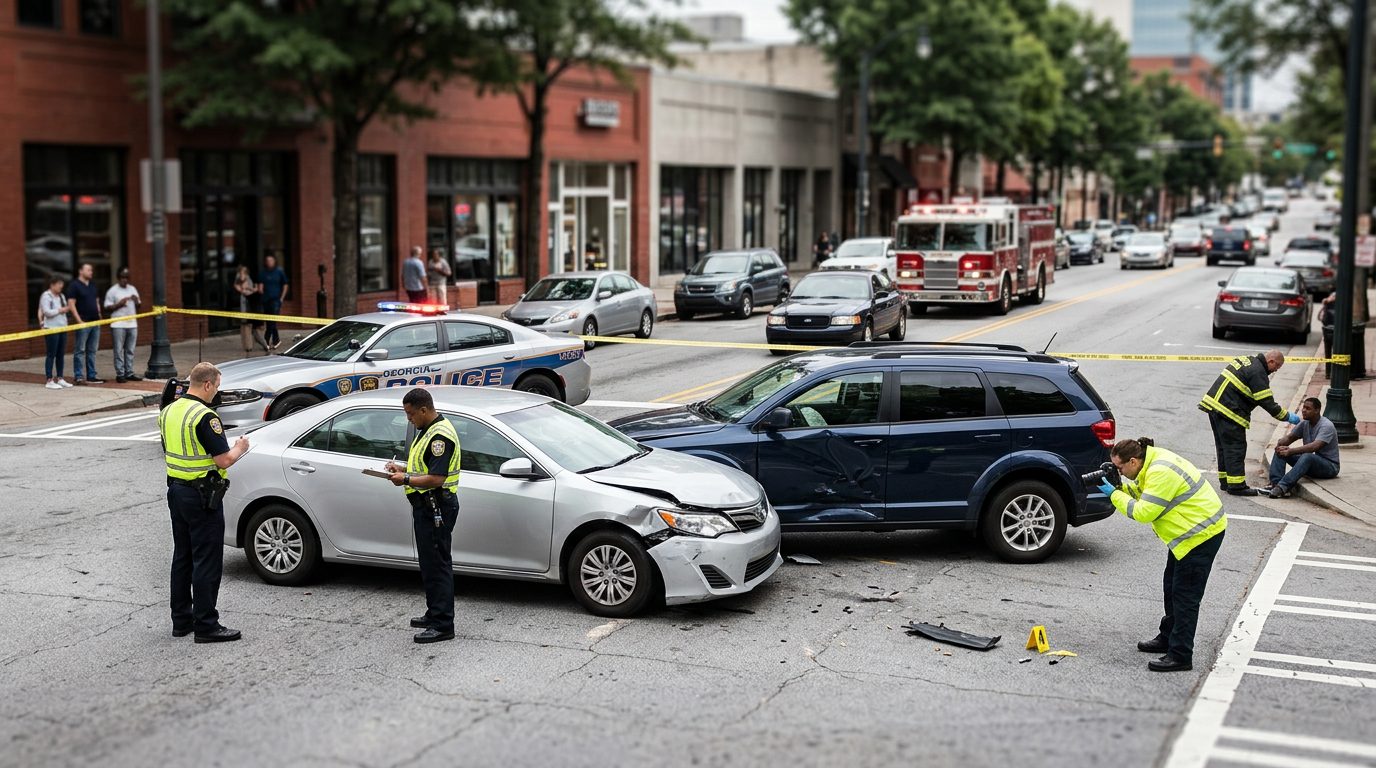 Vehículos dañados tras un accidente en una calle urbana, con personal de emergencias e investigadores documentando la escena.
