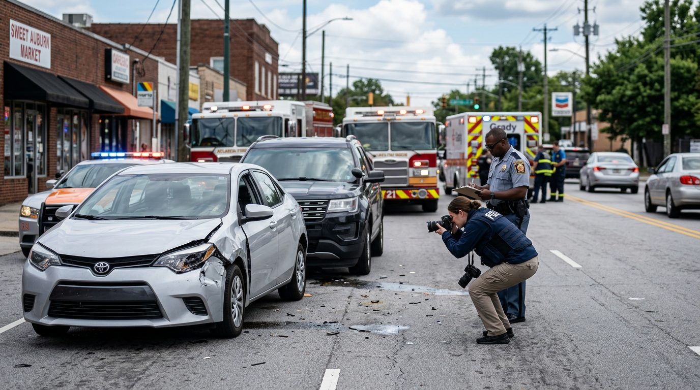 Traffic accident scene on a city street with damaged vehicles, emergency responders, and investigators documenting the incident.