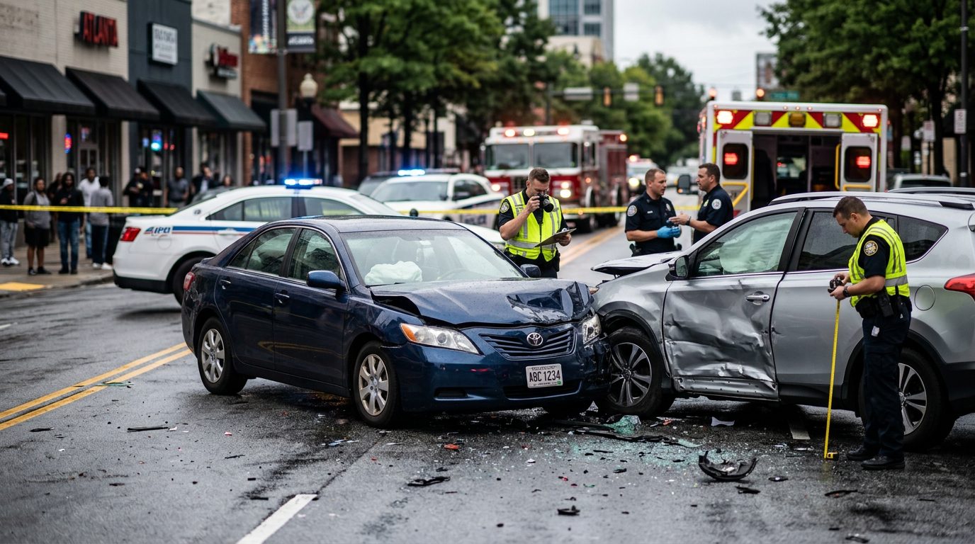 Traffic accident scene with damaged vehicles, emergency responders, and investigators on city street.