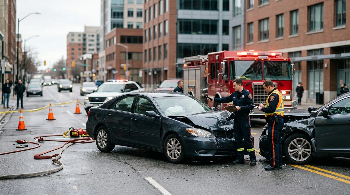 Traffic accident scene with damaged vehicles, emergency responders, and investigators on city street.