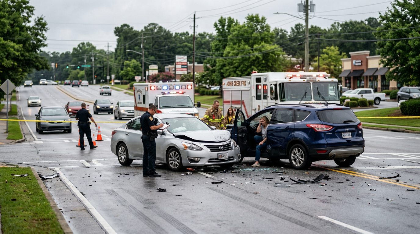 Traffic accident scene with vehicle damage and emergency responders on city street.