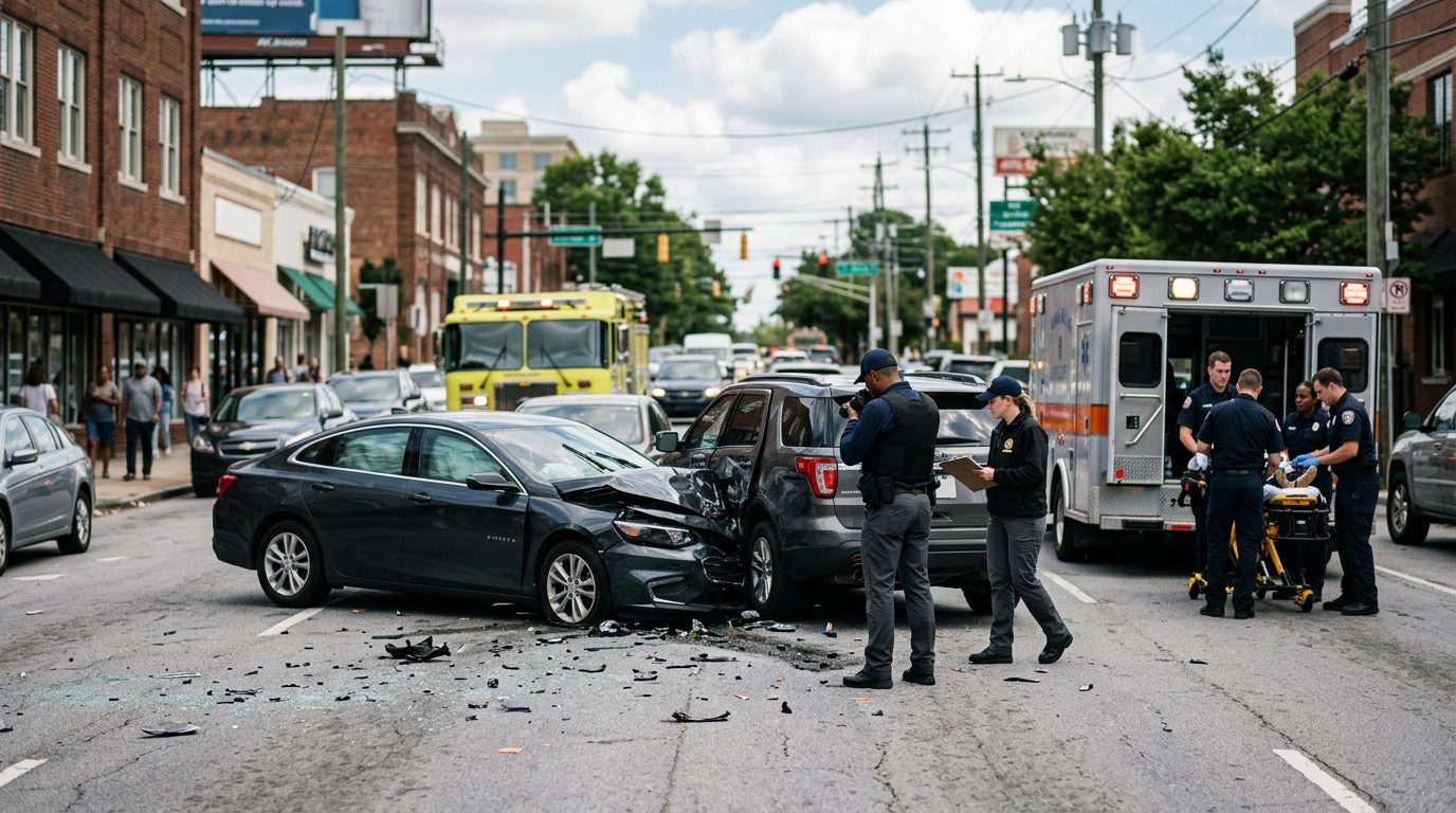 Traffic accident scene with vehicle damage and emergency responders on city street.