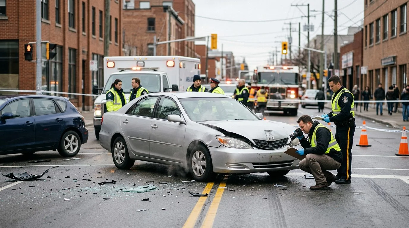 Traffic accident scene with vehicle damage, emergency vehicles, and investigators on city street.